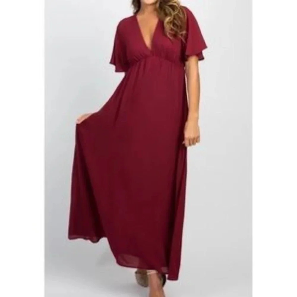New PinkBlush Burgundy Chiffon Bell Sleeve Maxi